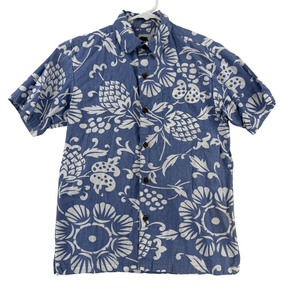 Kahala Shirt Boys L 10-12 Blue Floral Hawaiian Short Sleeve Button Up Casual